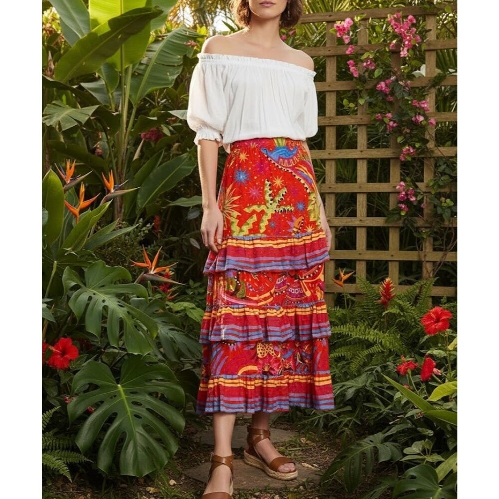 NWT Farm Rio Magic Forest Midi in Red Swiss Dot Ruffle Tiered Skirt XS $185